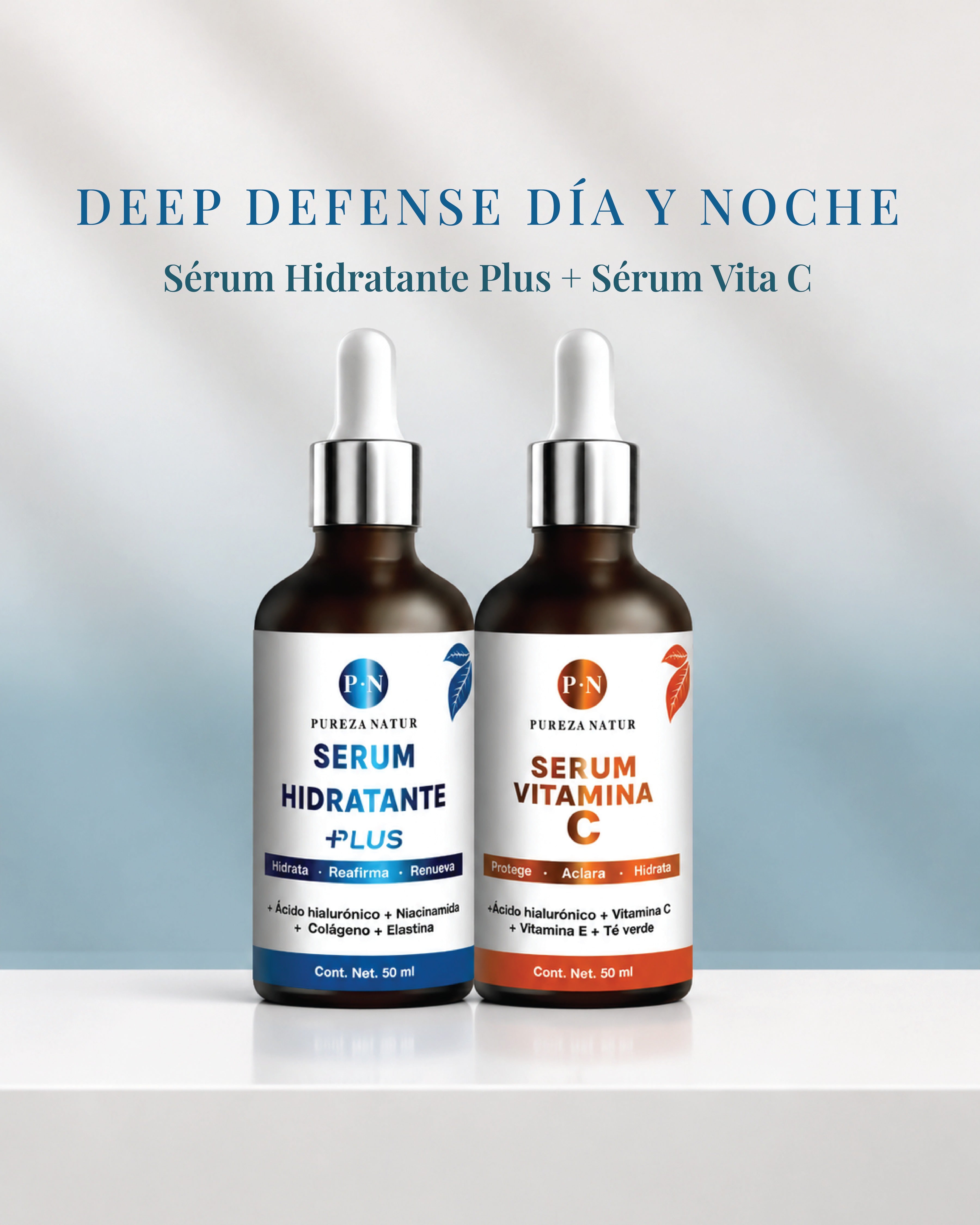 Defense Día y Noche — bodegón del kit, línea Deep Defense · Pureza Natur