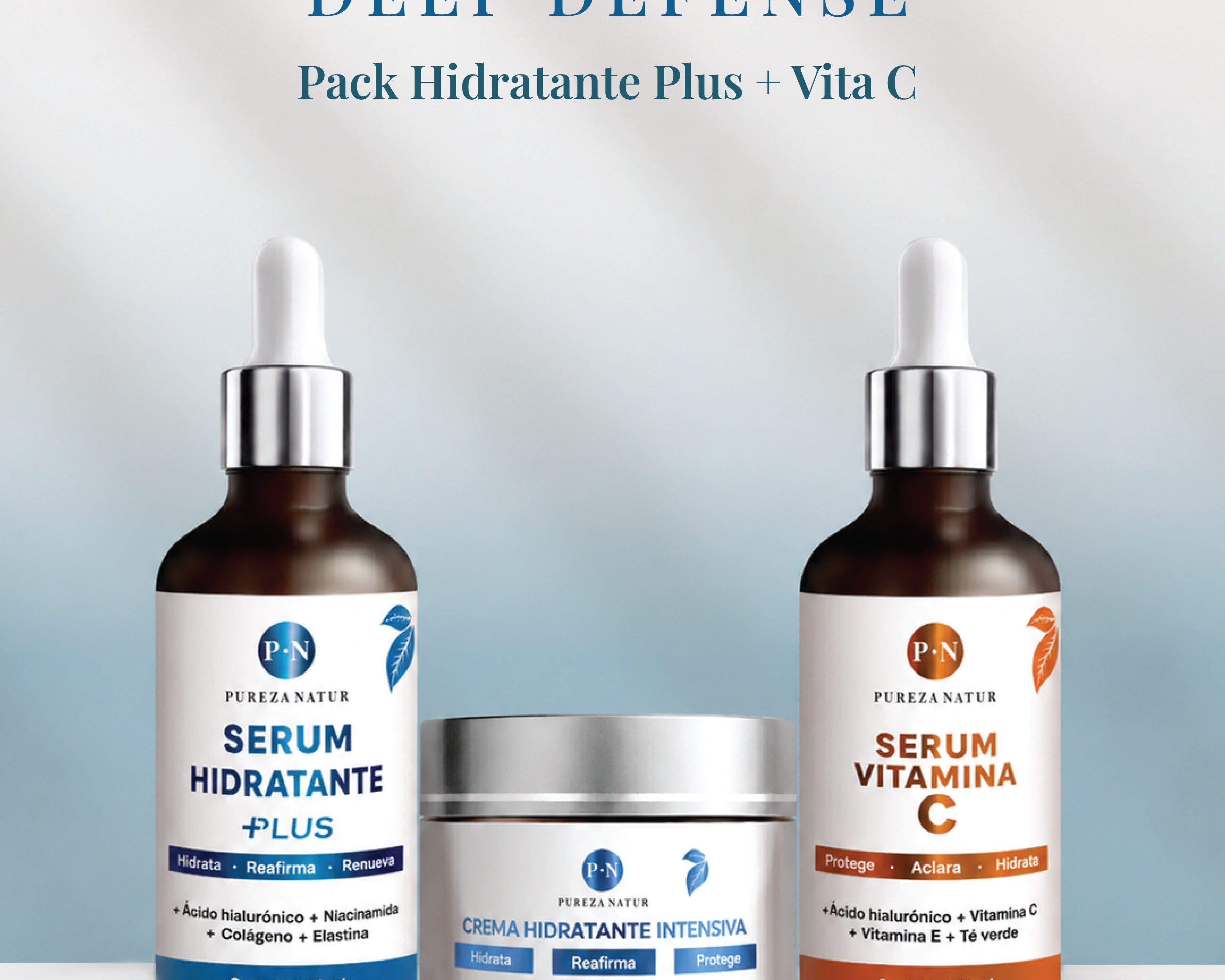 Defense Hidratación Profunda y Glow — bodegón del kit, línea Deep Defense · Pureza Natur