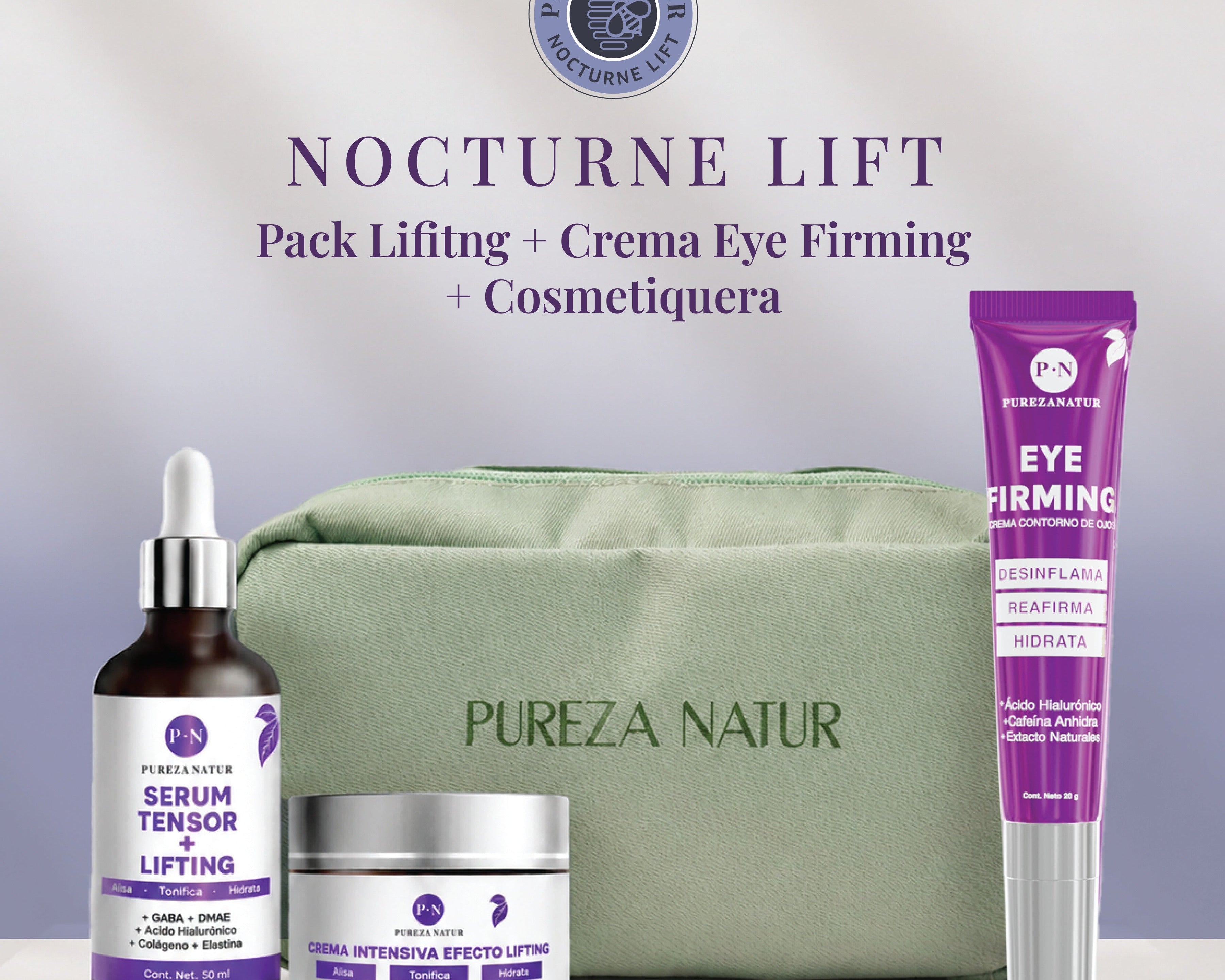 Lift Firmeza Rostro y Ojos — bodegón del kit, línea Nocturne Lift · Pureza Natur